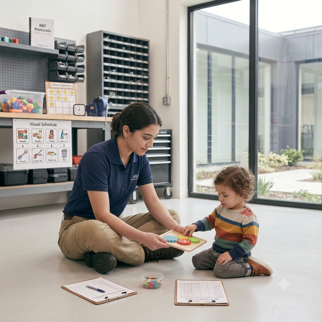A technician on the floor with a very young child and simple toys, a parent nearby in frame.