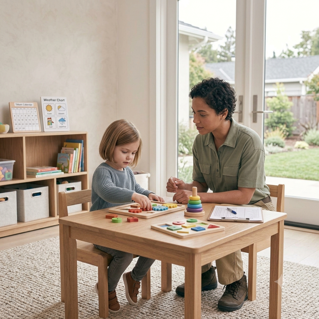A young child at a low table with a technician, mid-activity.
