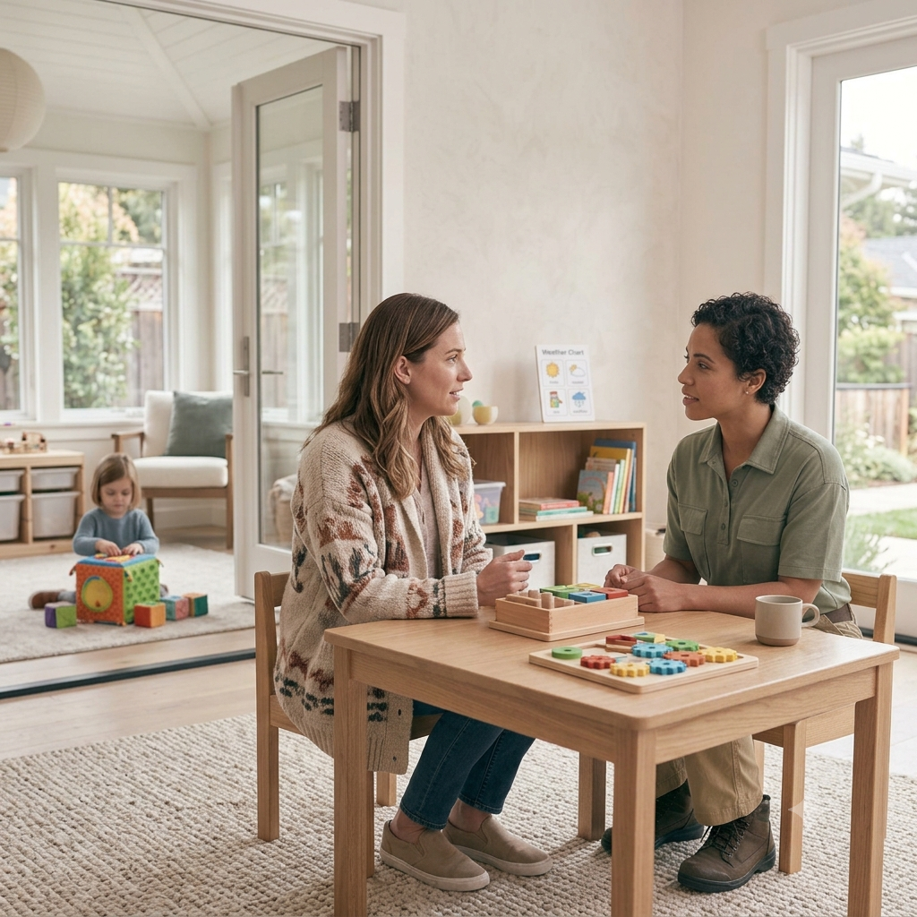A parent and a BCBA talking while a young child plays in the background.