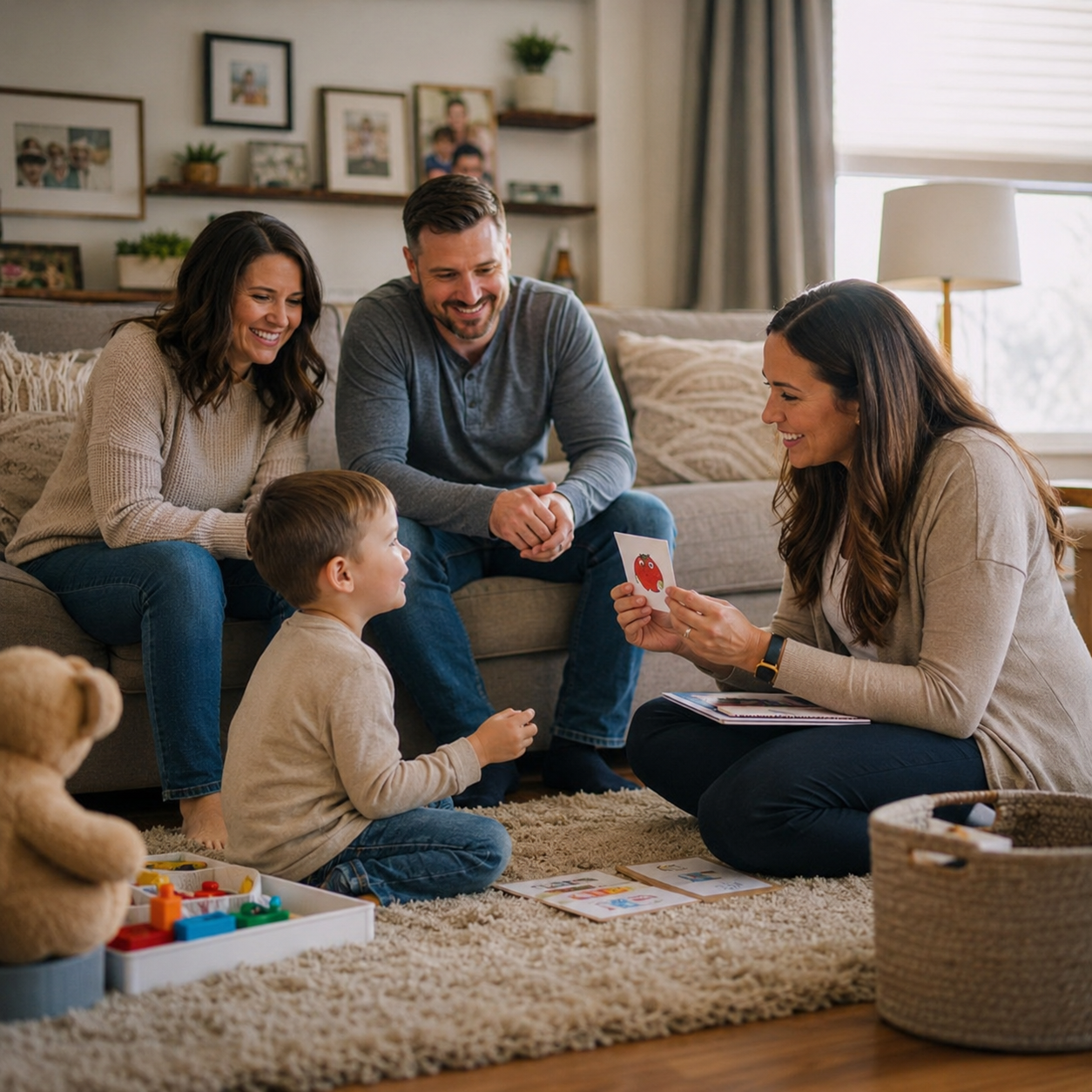 A Kansas City family in their own living room with a technician