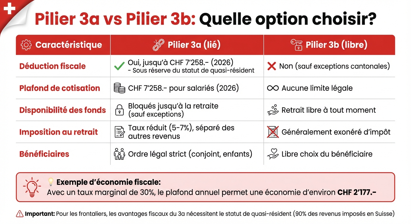Pilier 3a vs 3b: Comparaison des avantages fiscaux pour frontaliers suisses