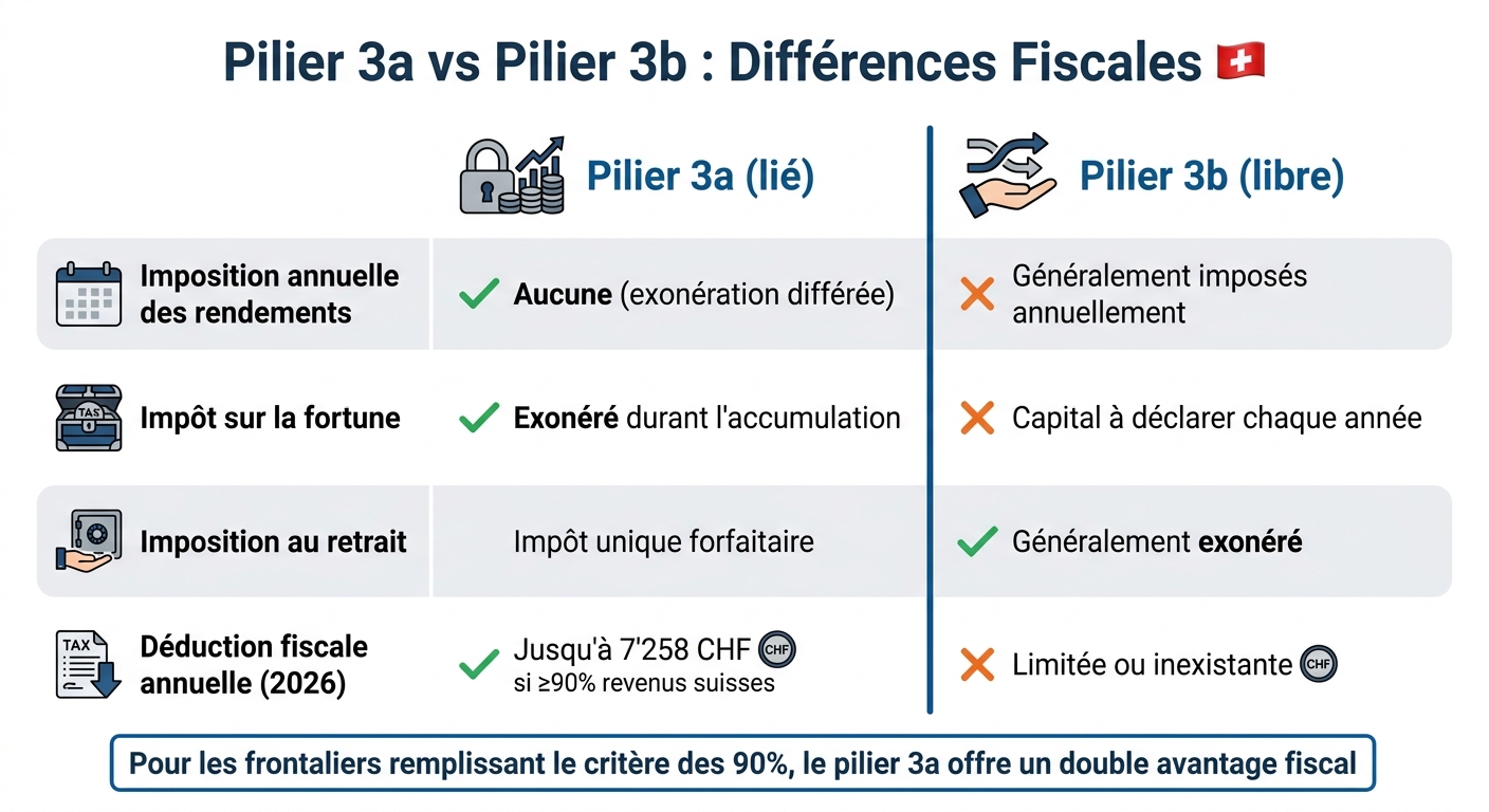 Comparaison fiscale Pilier 3a vs Pilier 3b pour frontaliers suisses