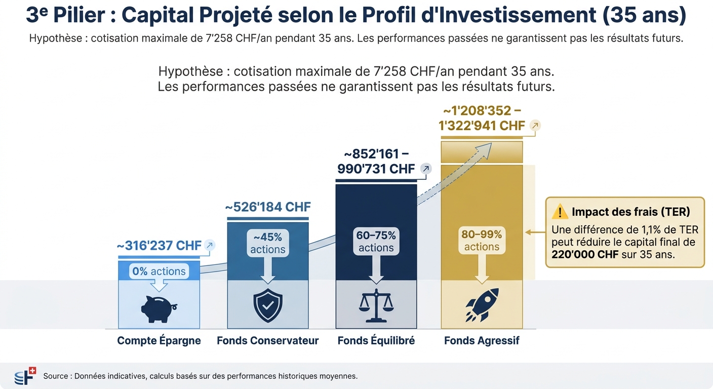 3e Pilier Suisse : Comparaison des Profils d'Investissement et Capital Projeté sur 35 ans