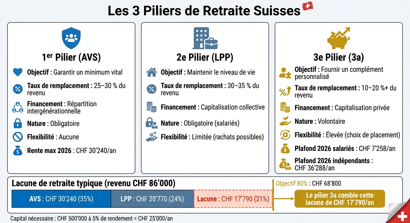 Les 3 Piliers de Retraite Suisses : Comparaison et Lacune à Combler