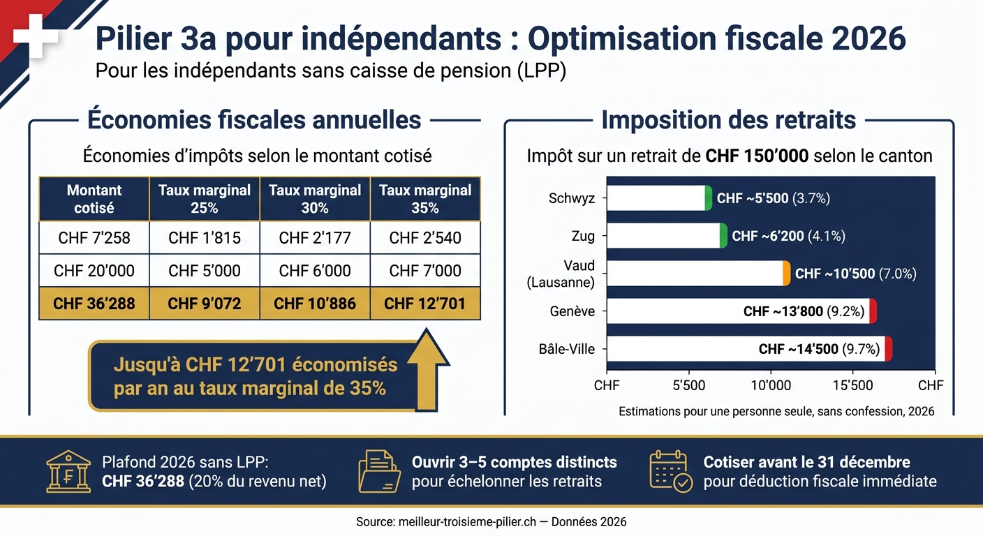 Pilier 3a pour indépendants : économies fiscales par canton et revenu (2026)