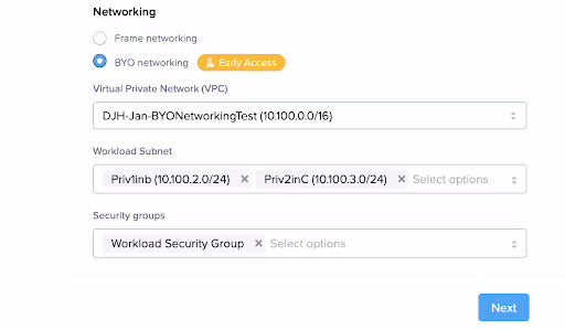 Select the Private networking configuration
