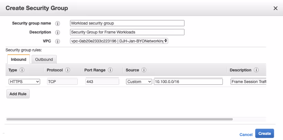 Frame Workload Security Group