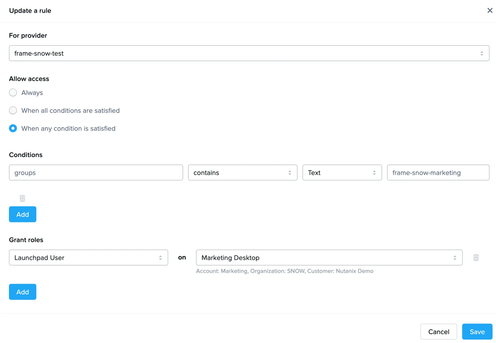 Frame SAML2 Permission Rule for Marketing