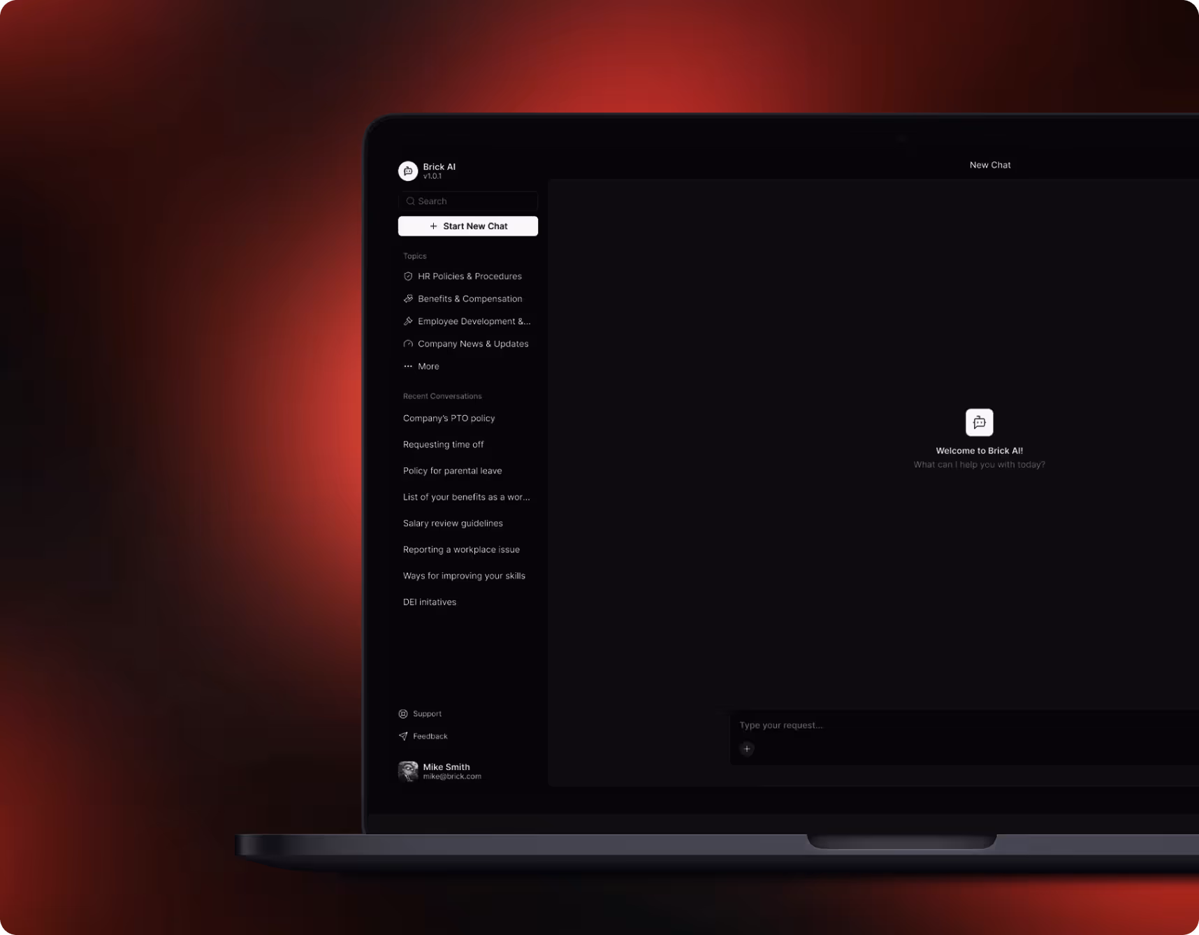Dark black and red background with laptop showing a chatbot