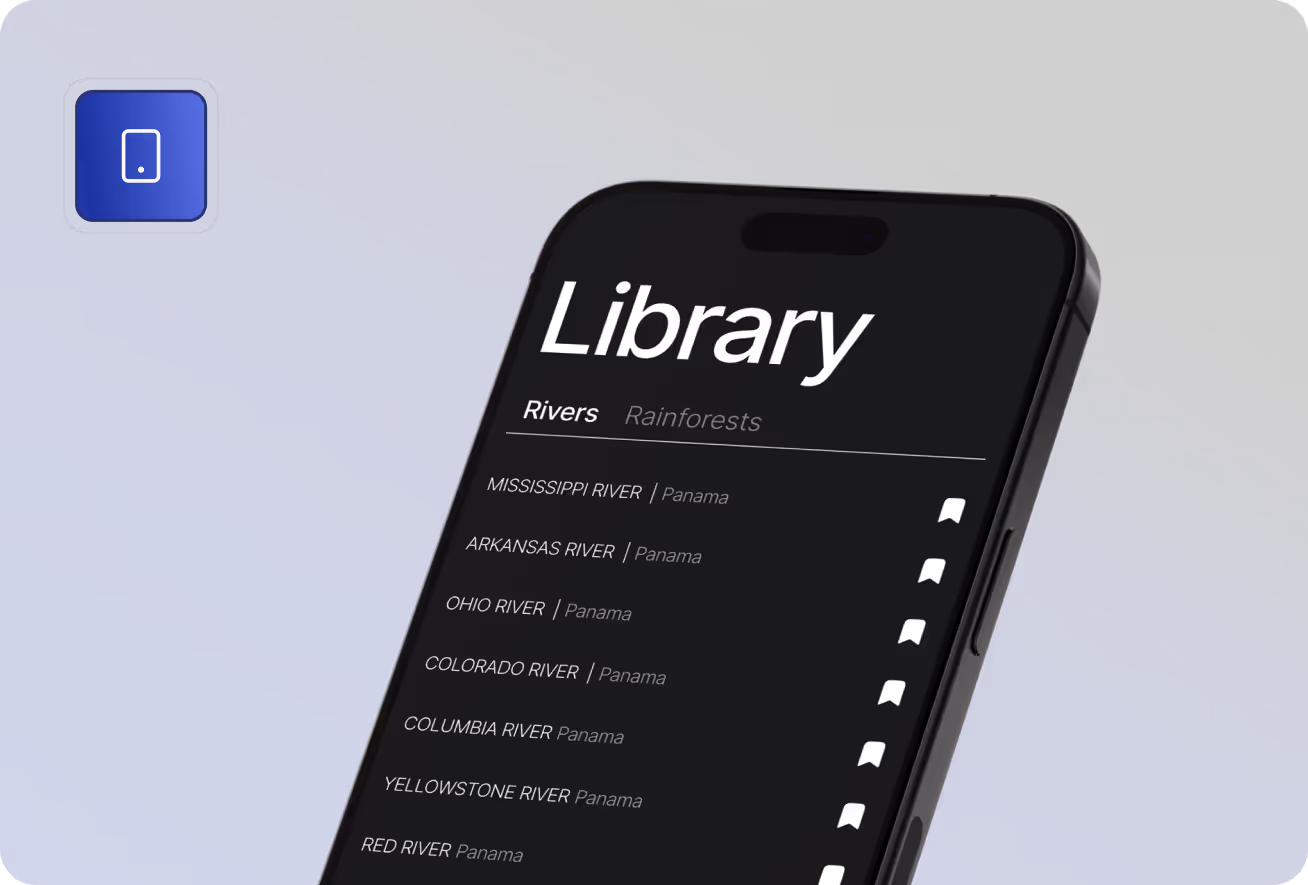 Smartphone screen showing a dark-themed library app listing rivers with bookmarks, including Mississippi, Arkansas, Ohio, Colorado, Columbia, Yellowstone, and Red River, all noted with Panama.