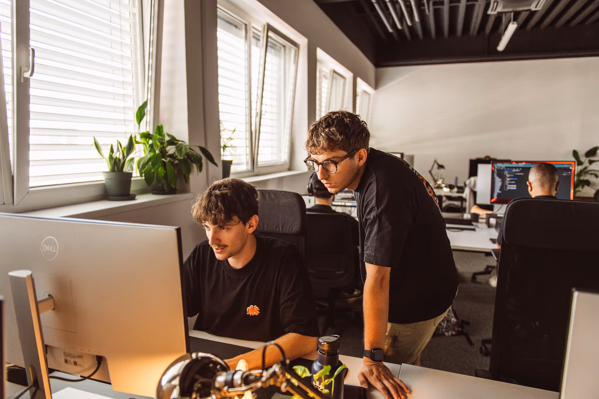 Two young men collaborating at a desk with a computer in a modern office with large windows and plants.