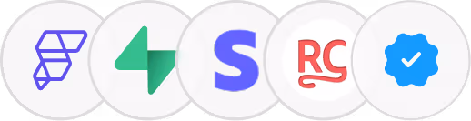 Five circular icons representing different digital tools and platforms, including a purple stylized F, a green and white triangular shape, a blue letter S, red letters RC, and a blue verified checkmark badge.
