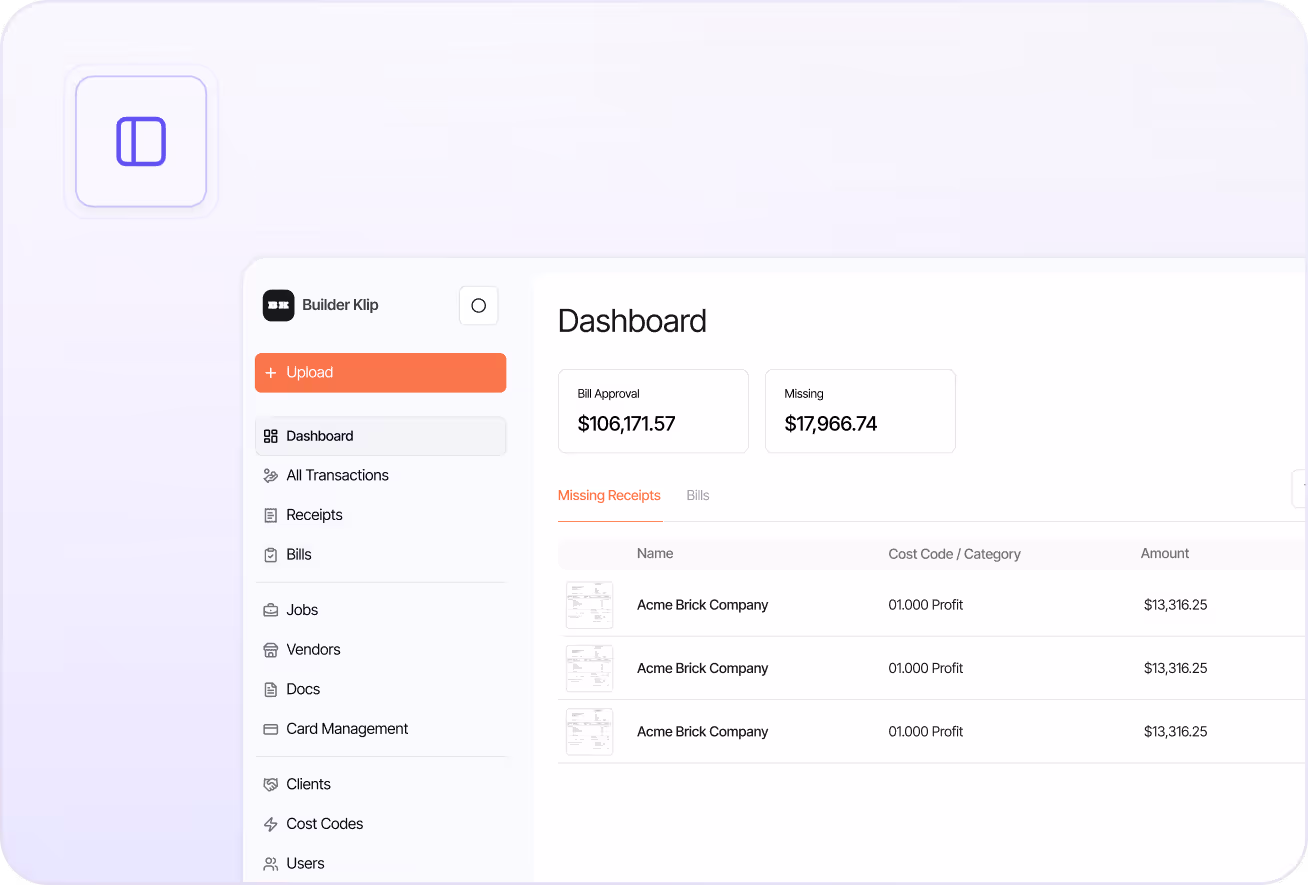 Dashboard screen of Builder Klip software showing bill approval amount, missing amount, and a list of missing receipts from Acme Brick Company with their cost code and amounts.