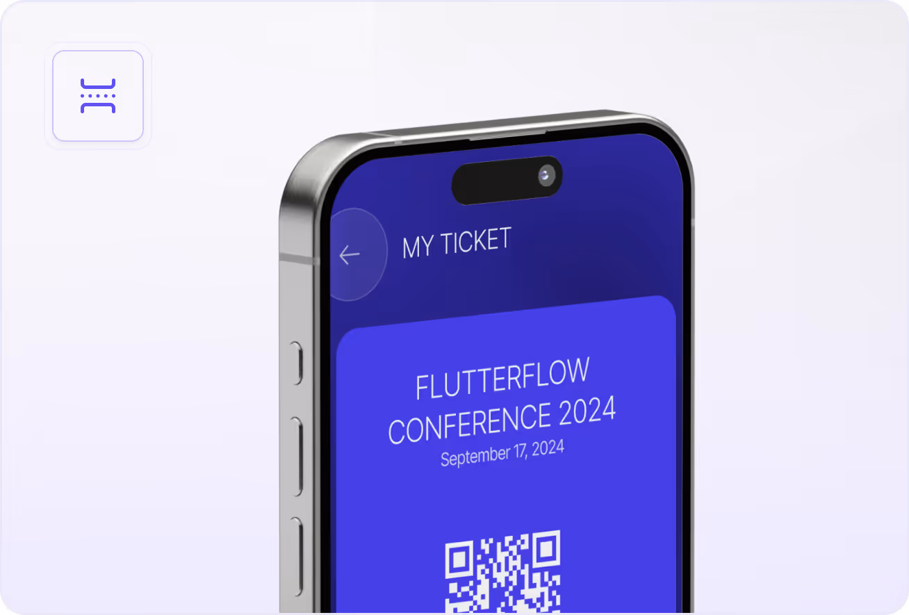 Close-up of a smartphone screen showing a digital ticket for FlutterFlow Conference 2024 dated September 17, 2024, with a QR code.