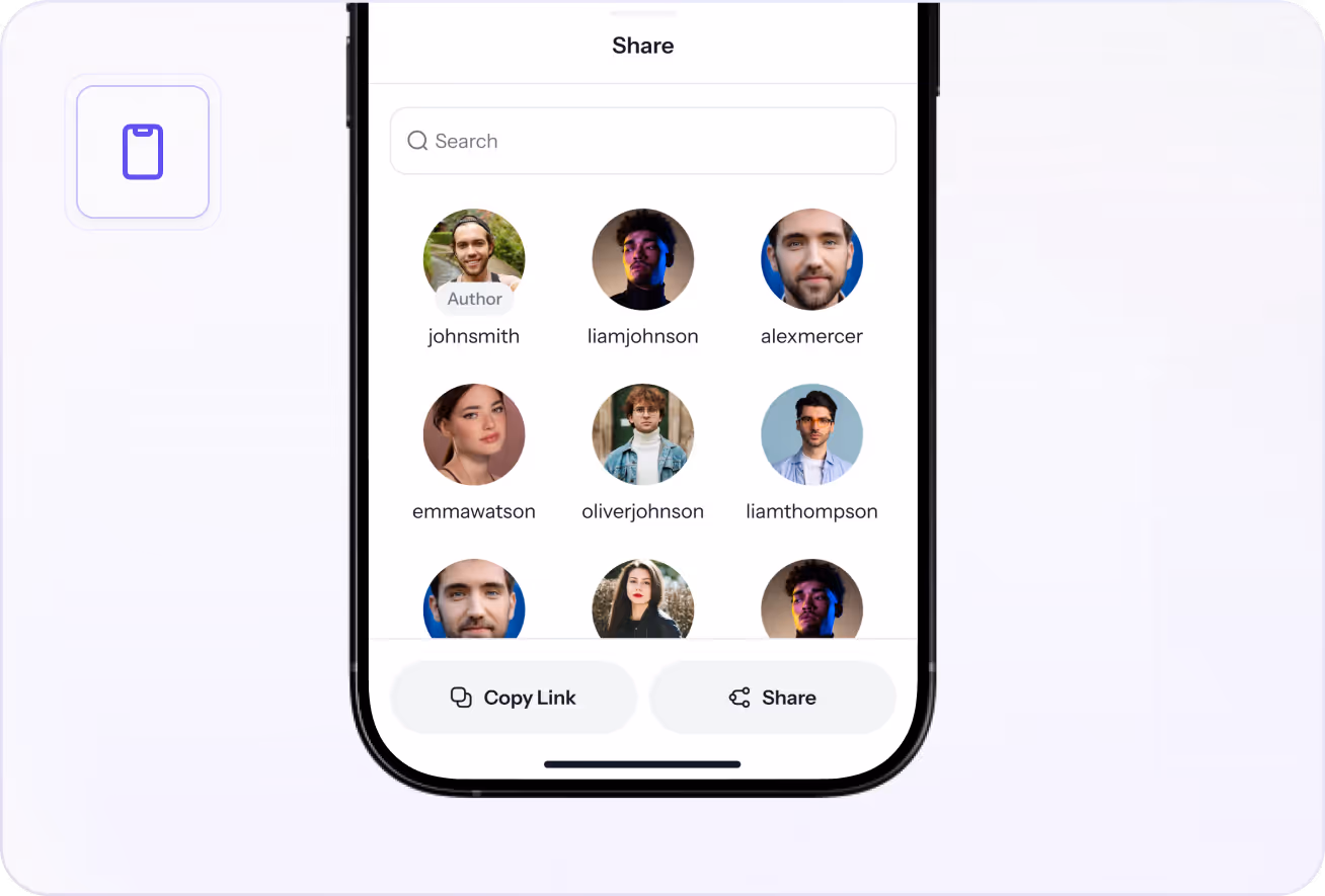 Mobile screen showing a share interface with a search bar, profile pictures with usernames, and buttons for copying the link and sharing.