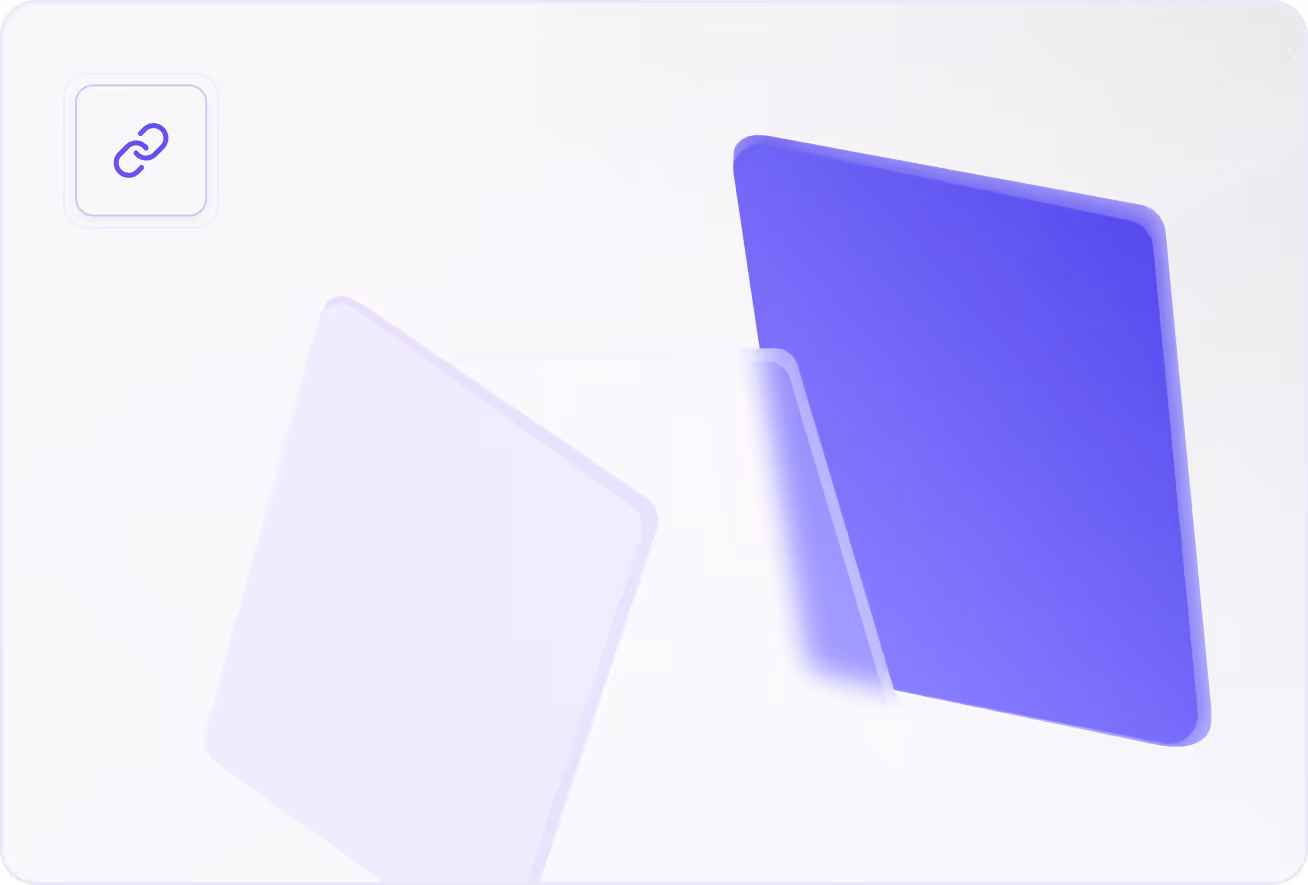 Two overlapping rounded squares, one light purple and one dark purple, with a link icon in the top left corner on a white background.