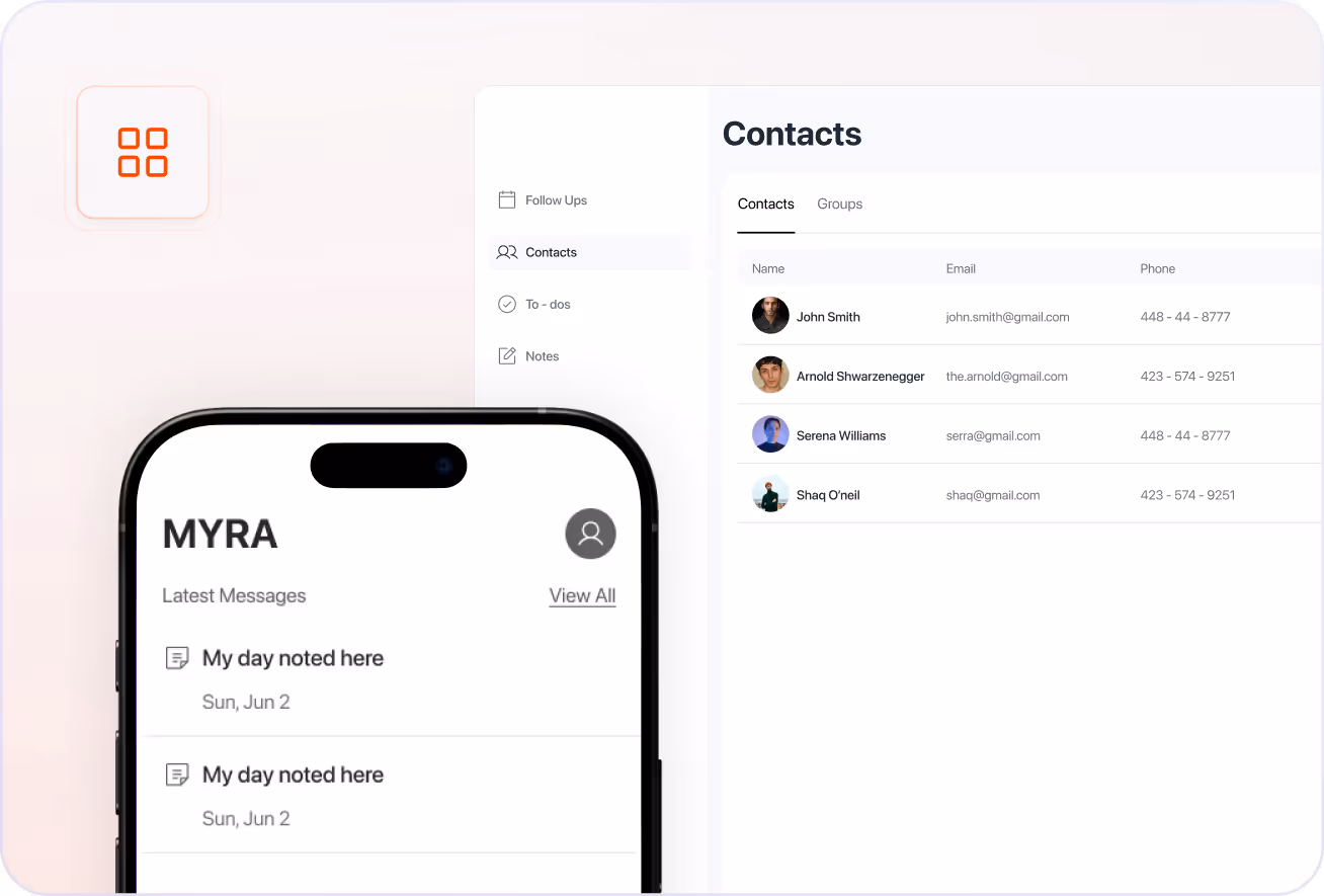 Mobile app interface showing latest messages and desktop view with contacts list including names, emails, and phone numbers.