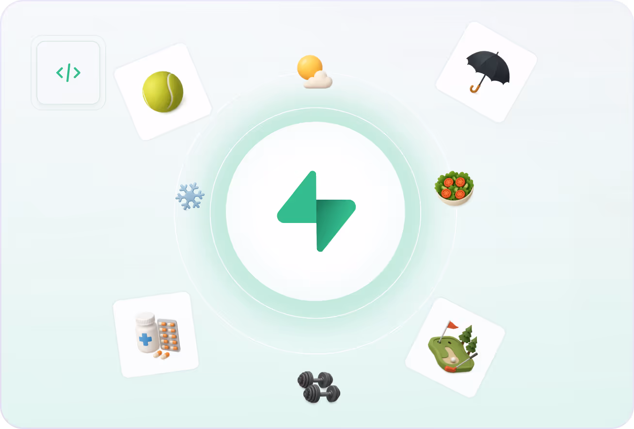 Green lightning bolt icon in the center surrounded by icons of coding, tennis ball, sun with cloud, umbrella, salad bowl, golf hole with flag, dumbbells, and medication bottles.