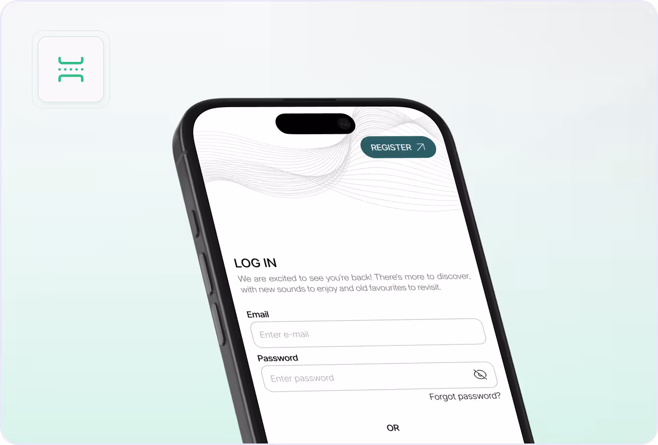 Smartphone showing a login screen with fields for email and password and options to register or recover password.