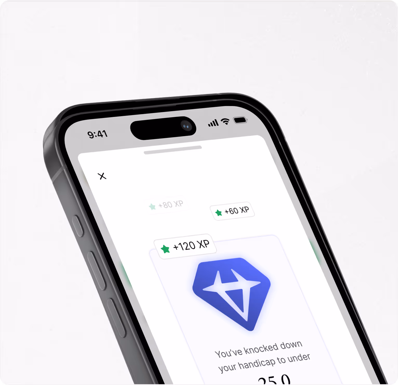 Close-up of a smartphone screen showing a gaming app awarding XP points with a blue diamond-shaped icon and partial text about knocking down a handicap.