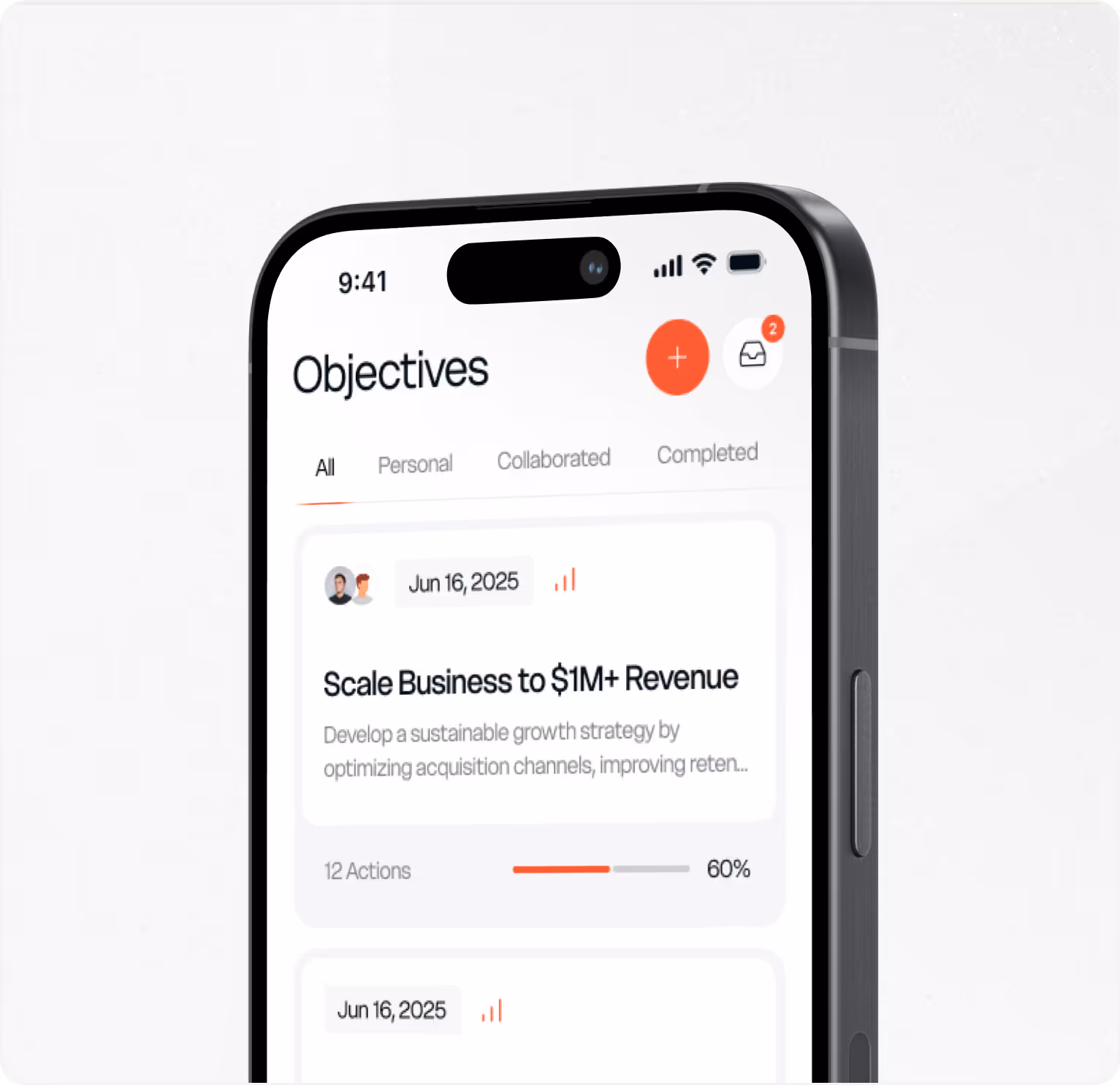 Smartphone screen displaying a task management app with an objective to scale business to $1M+ revenue, showing progress at 60%.