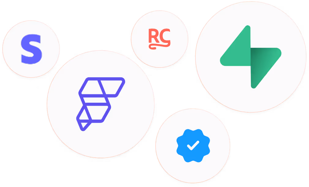 Collection of five circular icons with stylized letters and symbols in blue, red, and green colors.