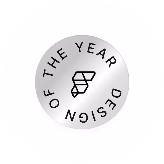 Silver circular badge with the text 'Design of the Year' surrounding a geometric logo in the center.
