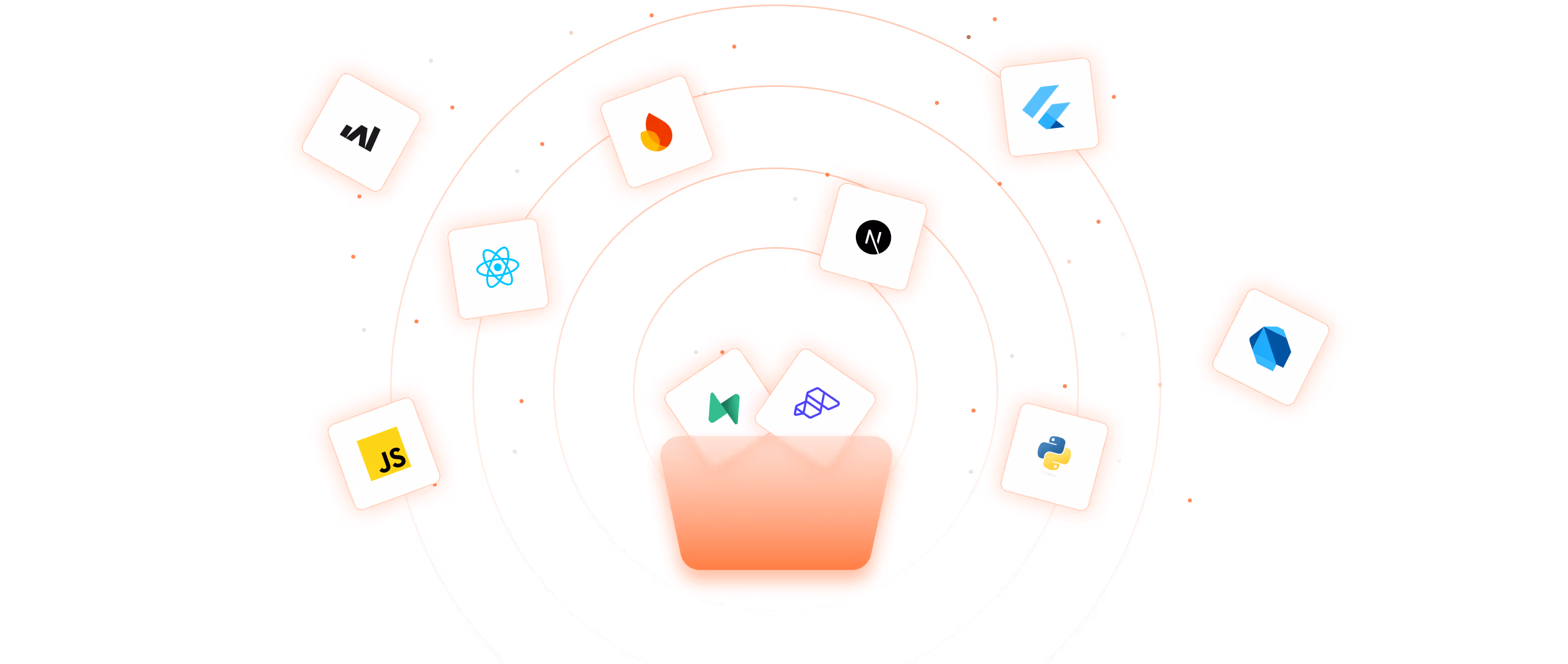 Orange folder surrounded by floating square icons featuring logos of programming languages and frameworks including JavaScript, React, Python, Flutter, and others.