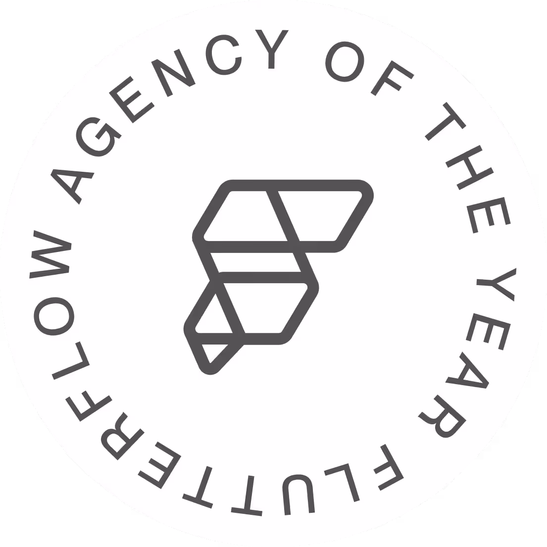 Circular badge with geometric abstract logo in center and text reading 'Agency of the Year Flutter' around the edge.