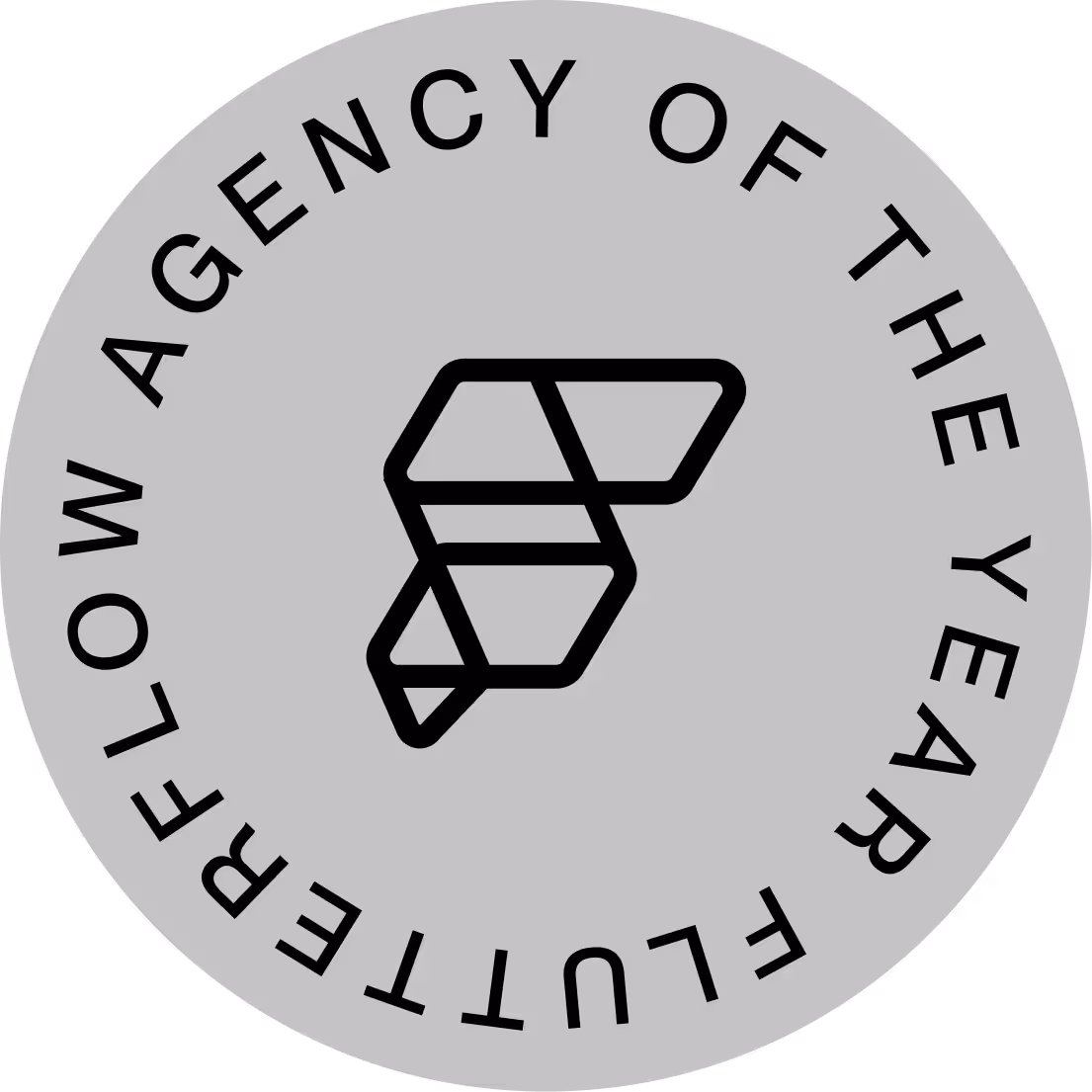 Circular badge with geometric abstract logo in the center and text around the edge reading 'Agency of the Year Flutterflow'.
