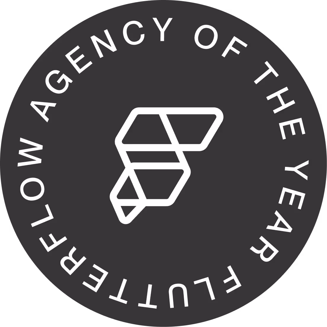 Circular badge with geometric logo in the center and text around the edge reading 'Agency of the Year Flutterflow'.