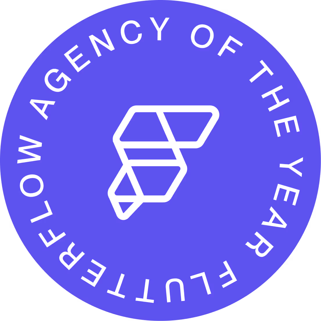 Blue circular badge with white geometric logo in center and text around edge reading 'Agency of the Year FutureFlow'.