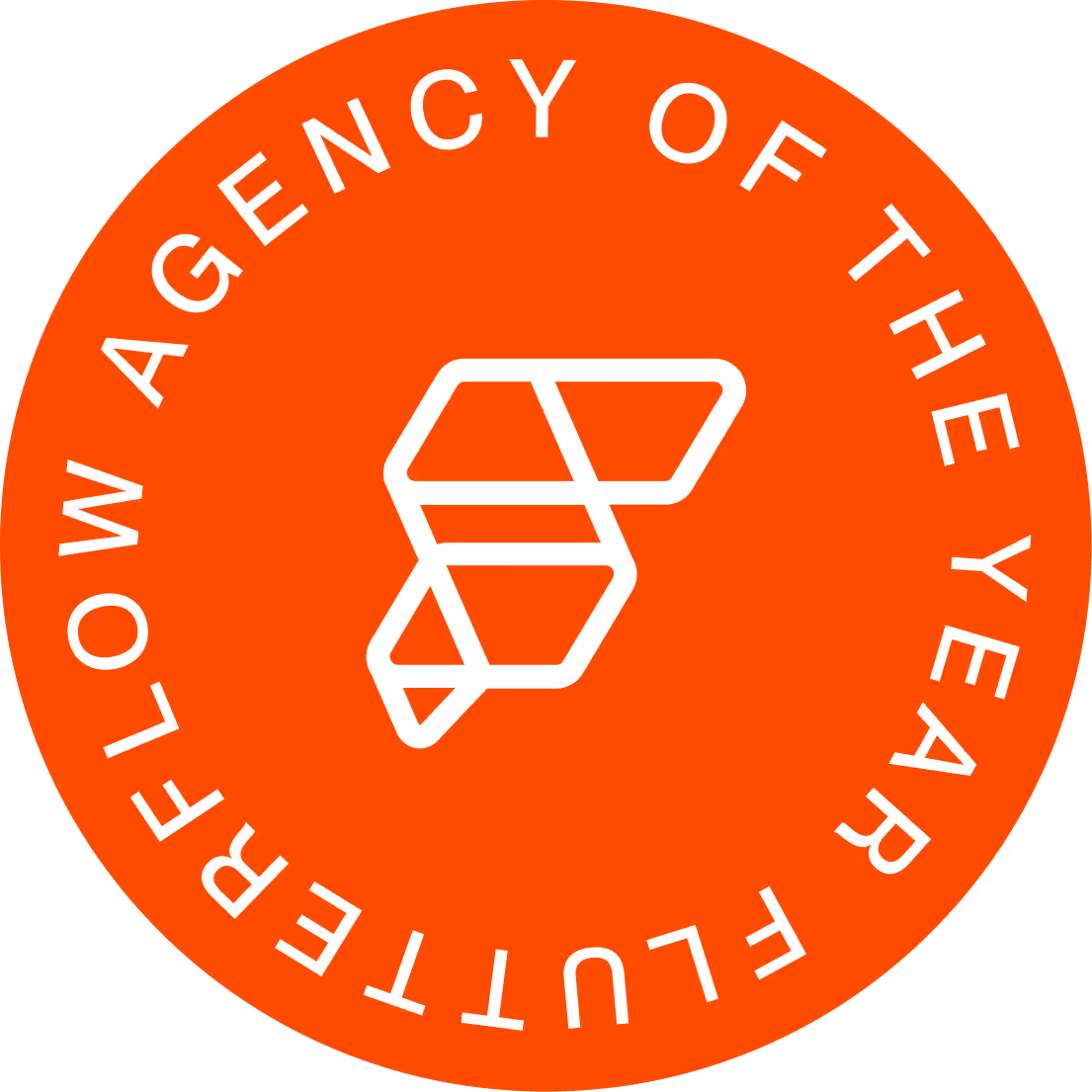 Orange circular badge with white geometric logo in the center and text around the edge reading 'Agency of the Year Fluttur'.