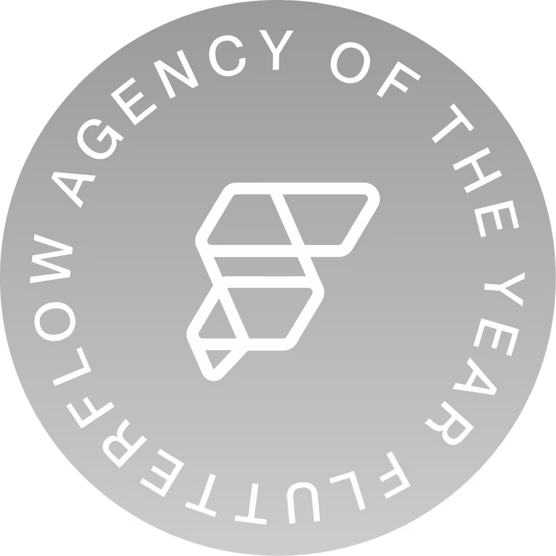 Circular gray badge with white geometric logo in the center and text around the edge reading 'Agency of the Year Future Flow'.