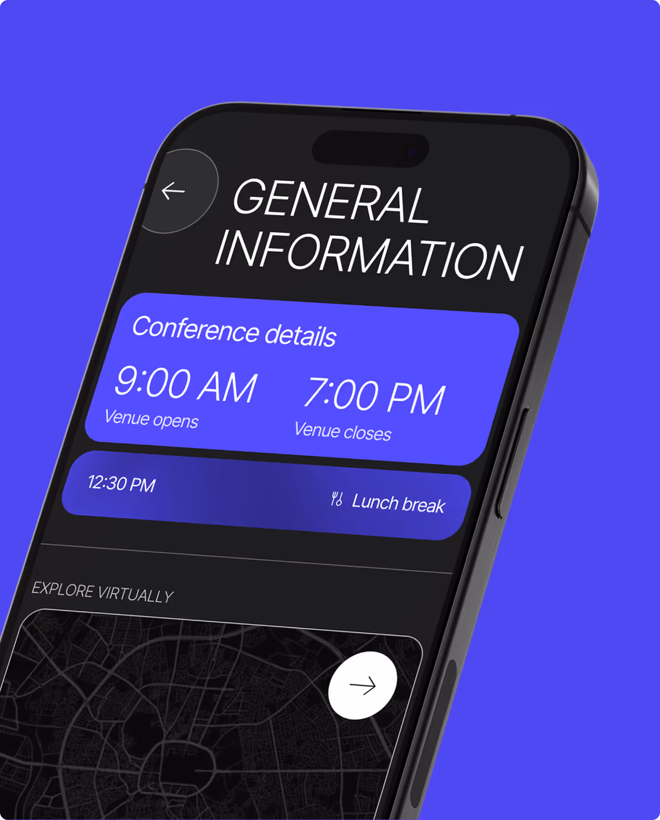 Mobile screen displaying general information for a conference including venue opening at 9:00 AM, closing at 7:00 PM, and a lunch break at 12:30 PM.
