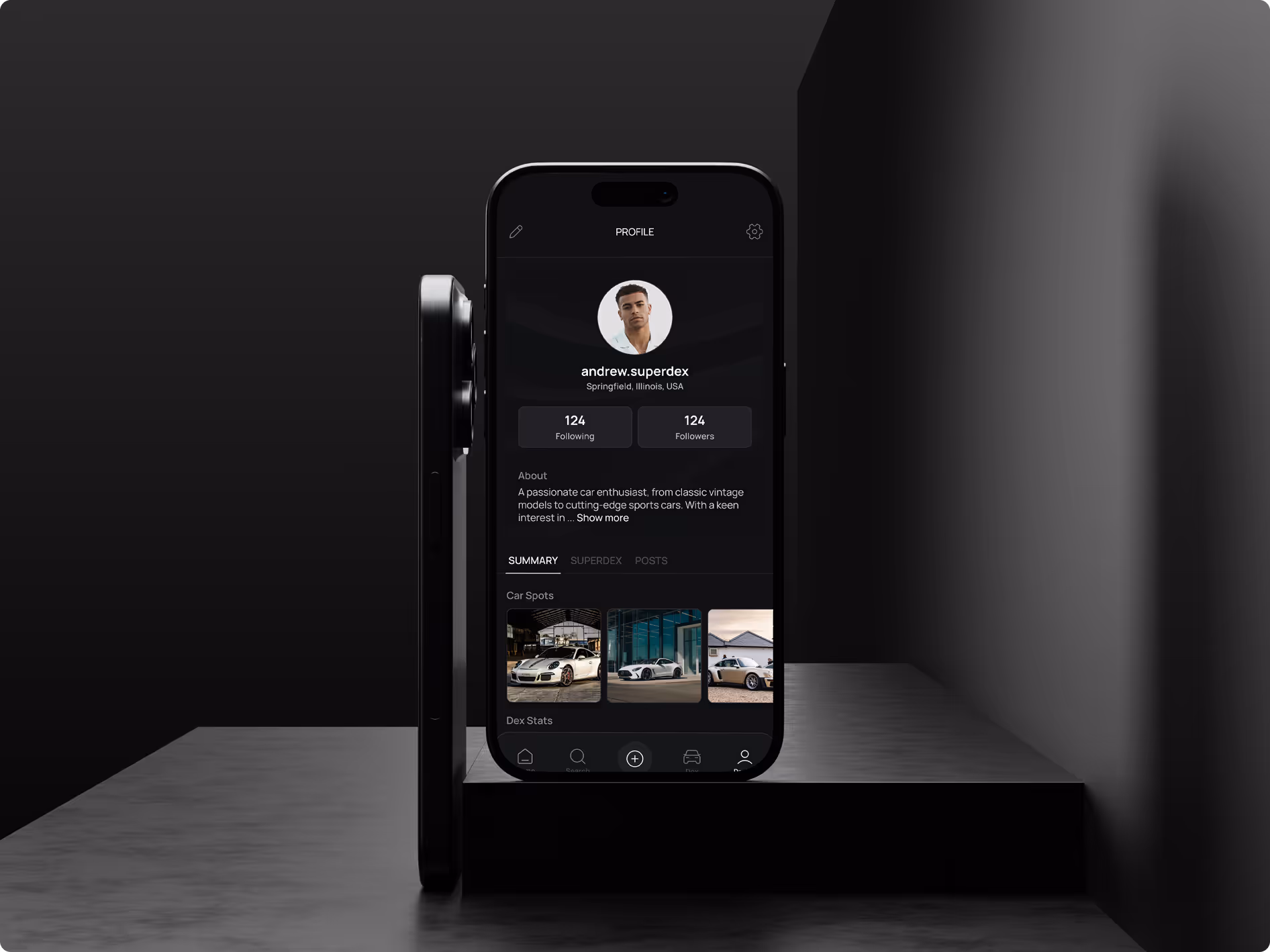 Smartphone displaying a dark-themed car enthusiast profile with user info, car photos, and stats.