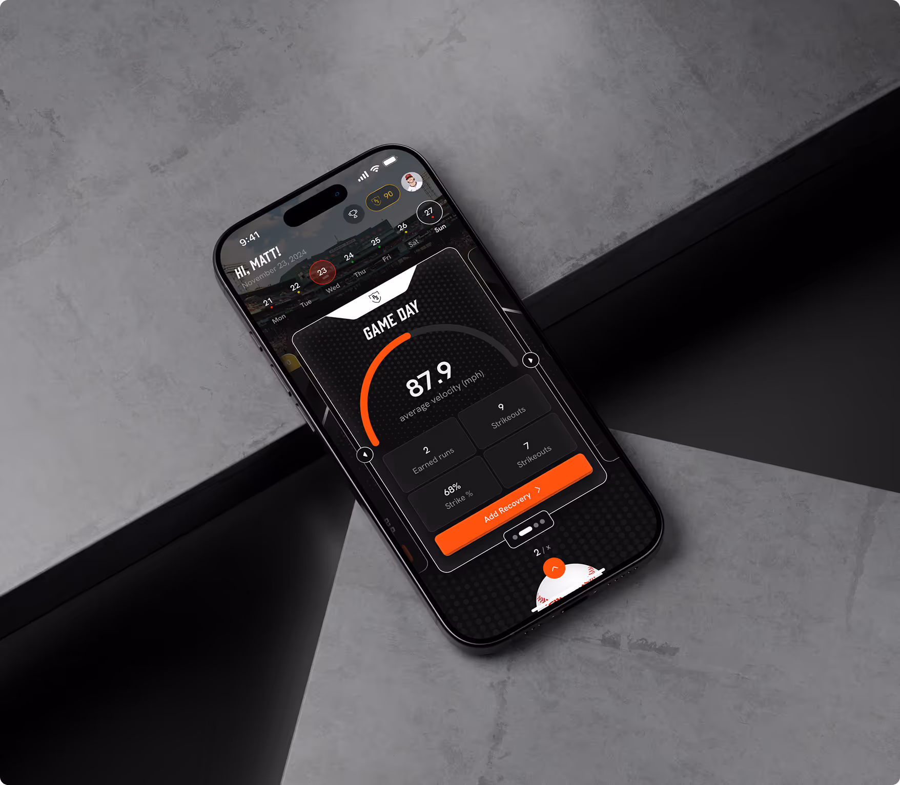 Smartphone displaying a sports app with game day stats, including average velocity 87.9 mph, earned runs, strikeouts, and a recovery button.