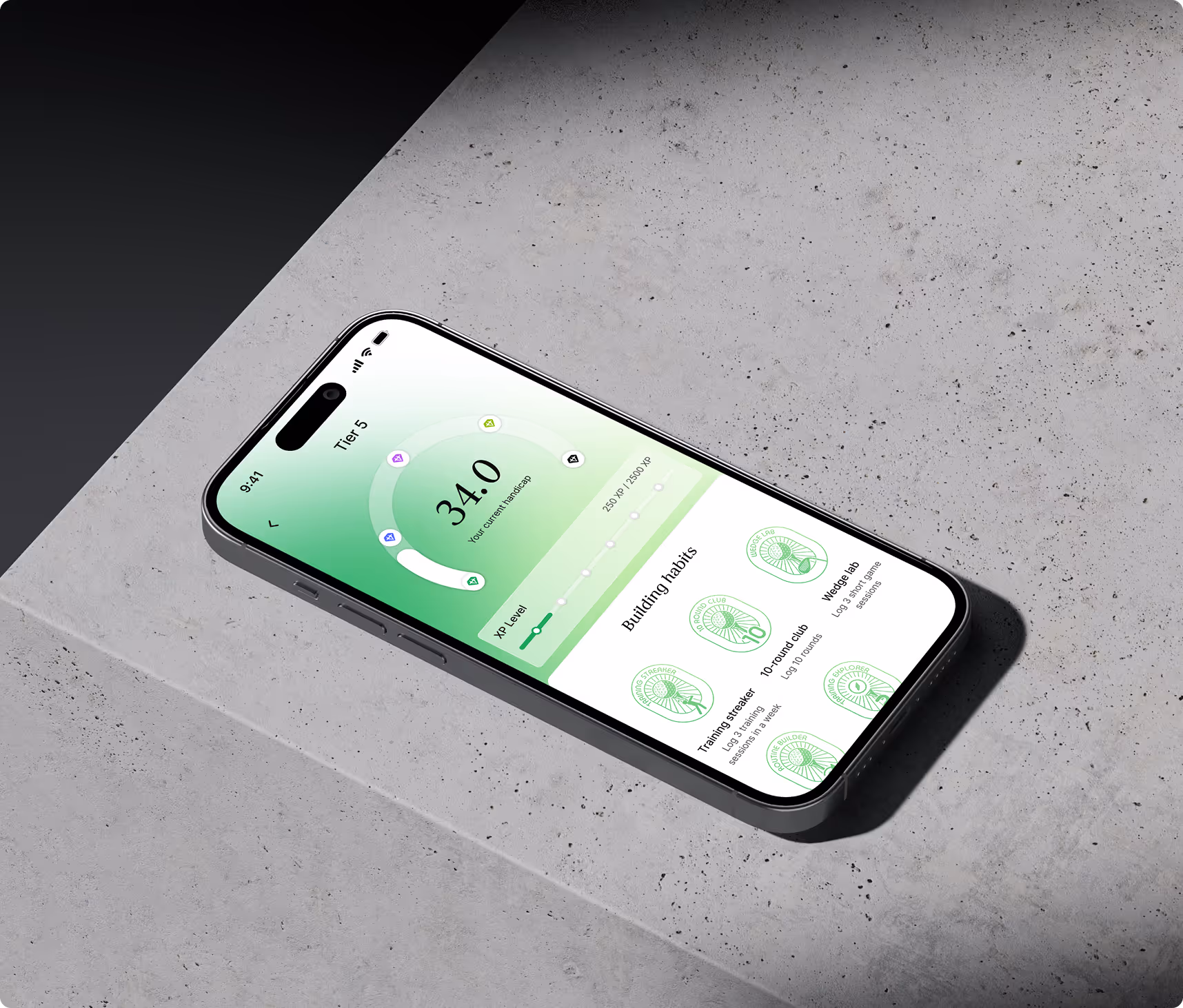 Smartphone displaying a green-themed app screen showing a 34.0 handicap, XP level progress bar, and habit-building badges.