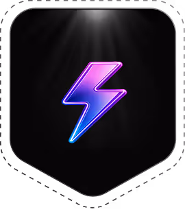 Purple and blue neon lightning bolt icon on a black gradient shield background.