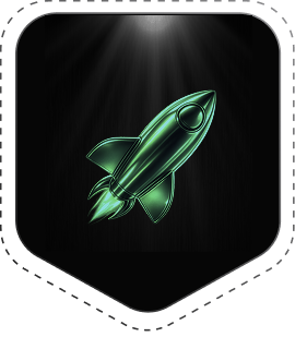 Green neon rocket icon shining with light rays on a black rounded square background.