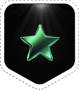 Green glowing star icon on a dark rounded shield background illuminated from above.