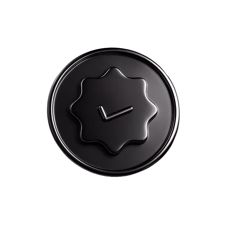 Black circular badge with a scalloped edge and a checkmark in the center on a black background.