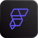 Purple geometric logo with interconnected angled shapes on a black rounded square background.