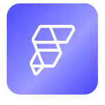 White geometric logo with interlocking shapes on a rounded blue square background.