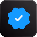 Blue verification badge with white checkmark on black rounded square background.