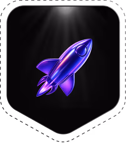 Purple rocket icon with glowing blue accents inside a black shield-shaped badge.