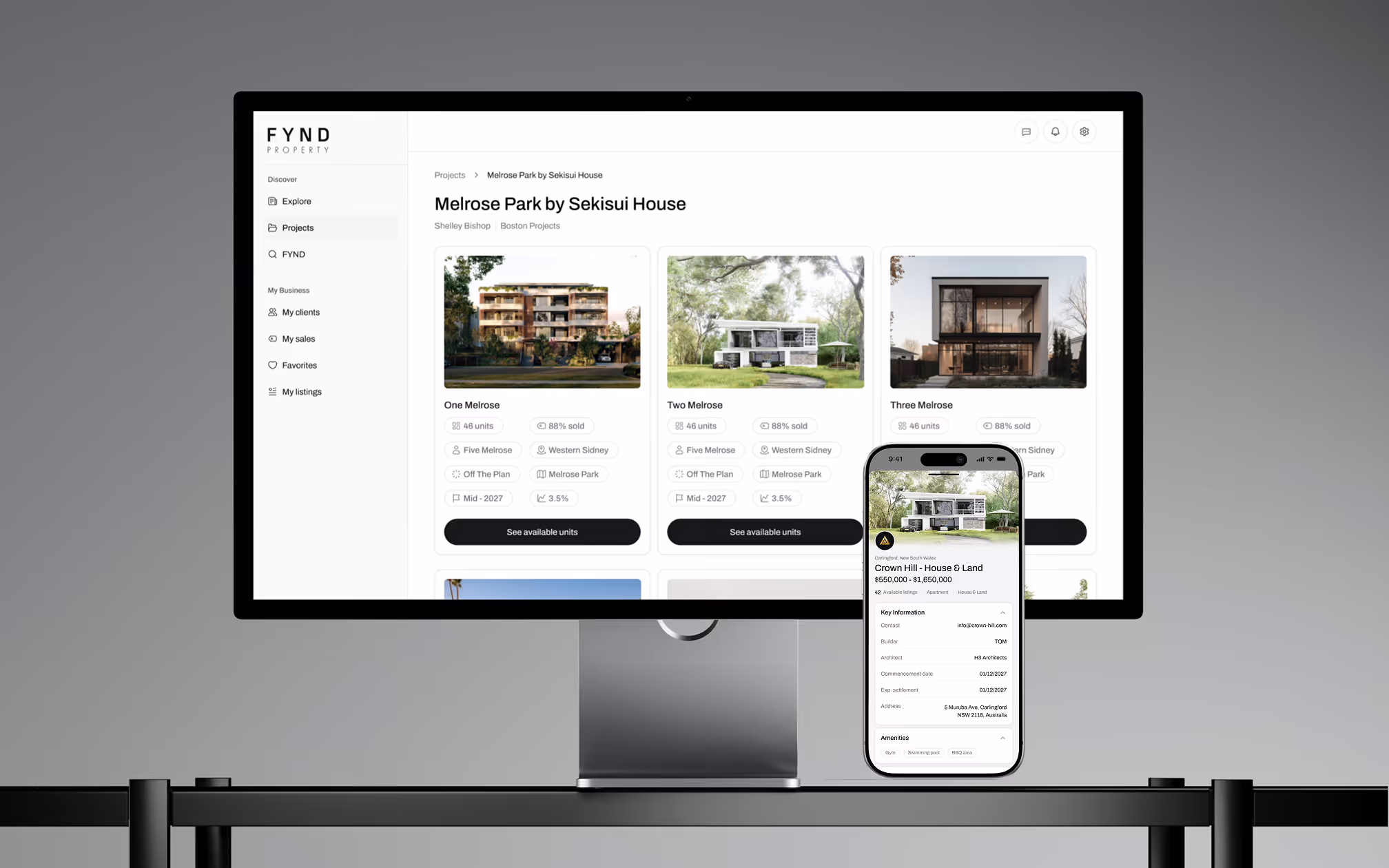 Desktop and smartphone showing real estate listings and property details for Melrose Park and Crown Hill.
