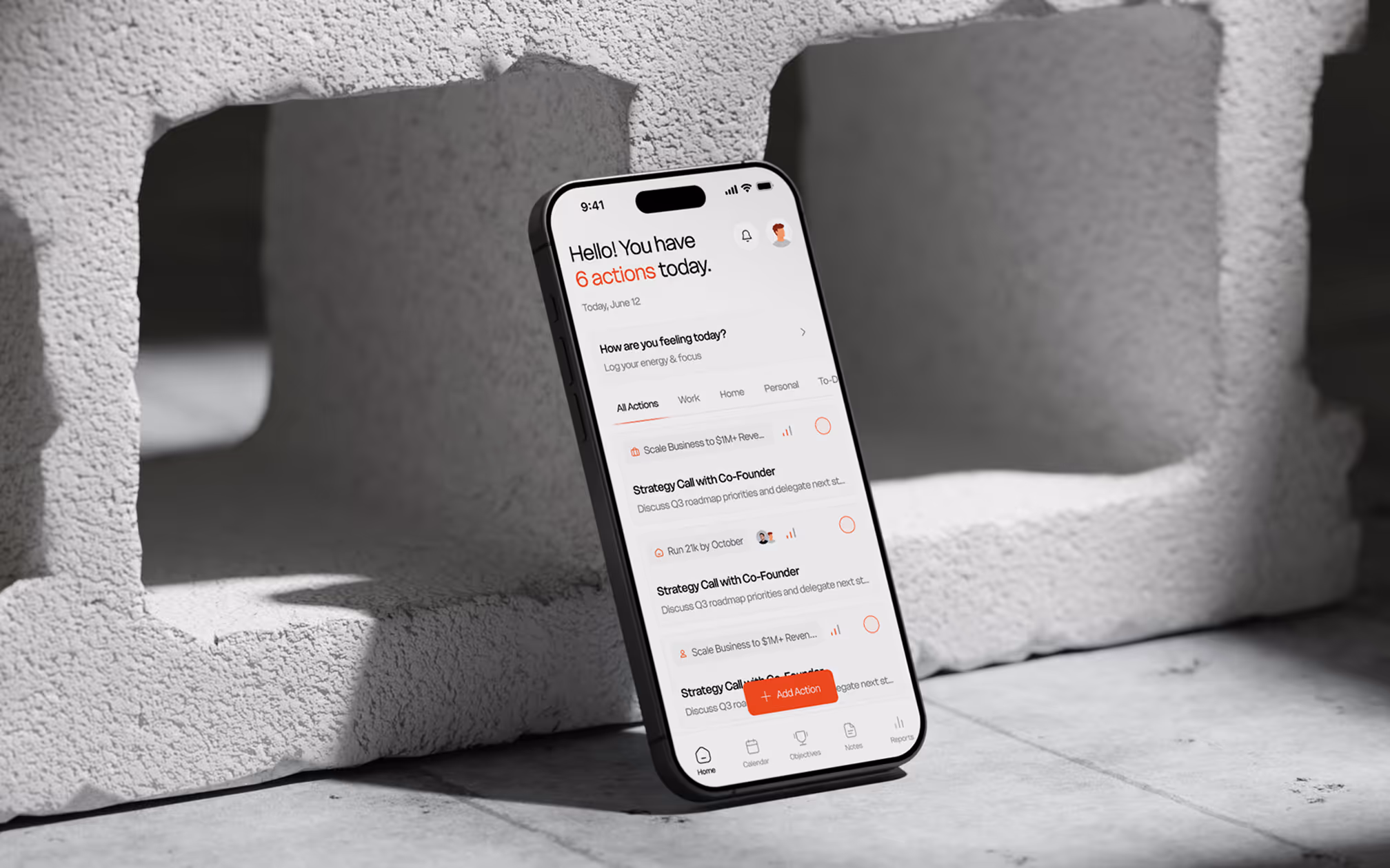 Smartphone showing a task list app with six actions, including strategy calls and business goals.
