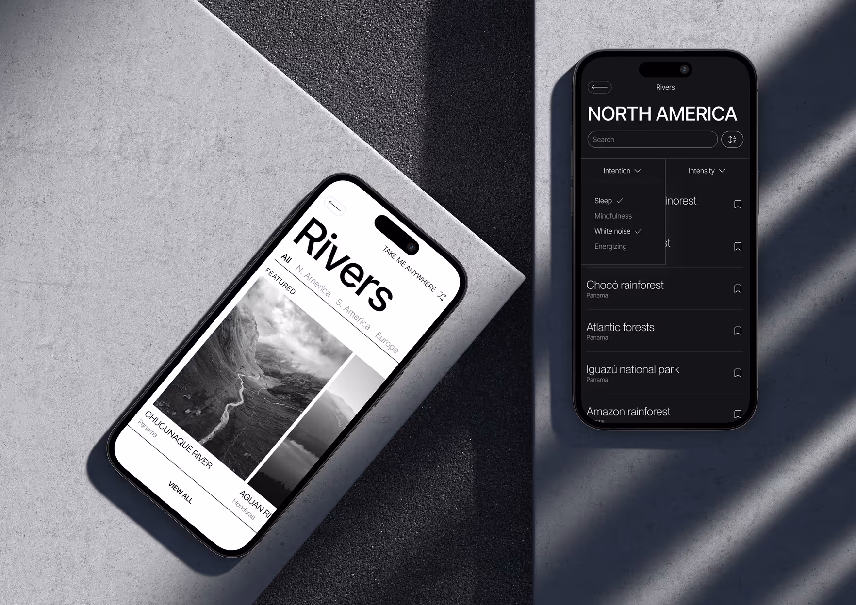 Two phones showing a rivers app with lists of rivers and rainforests in North America and Panama.