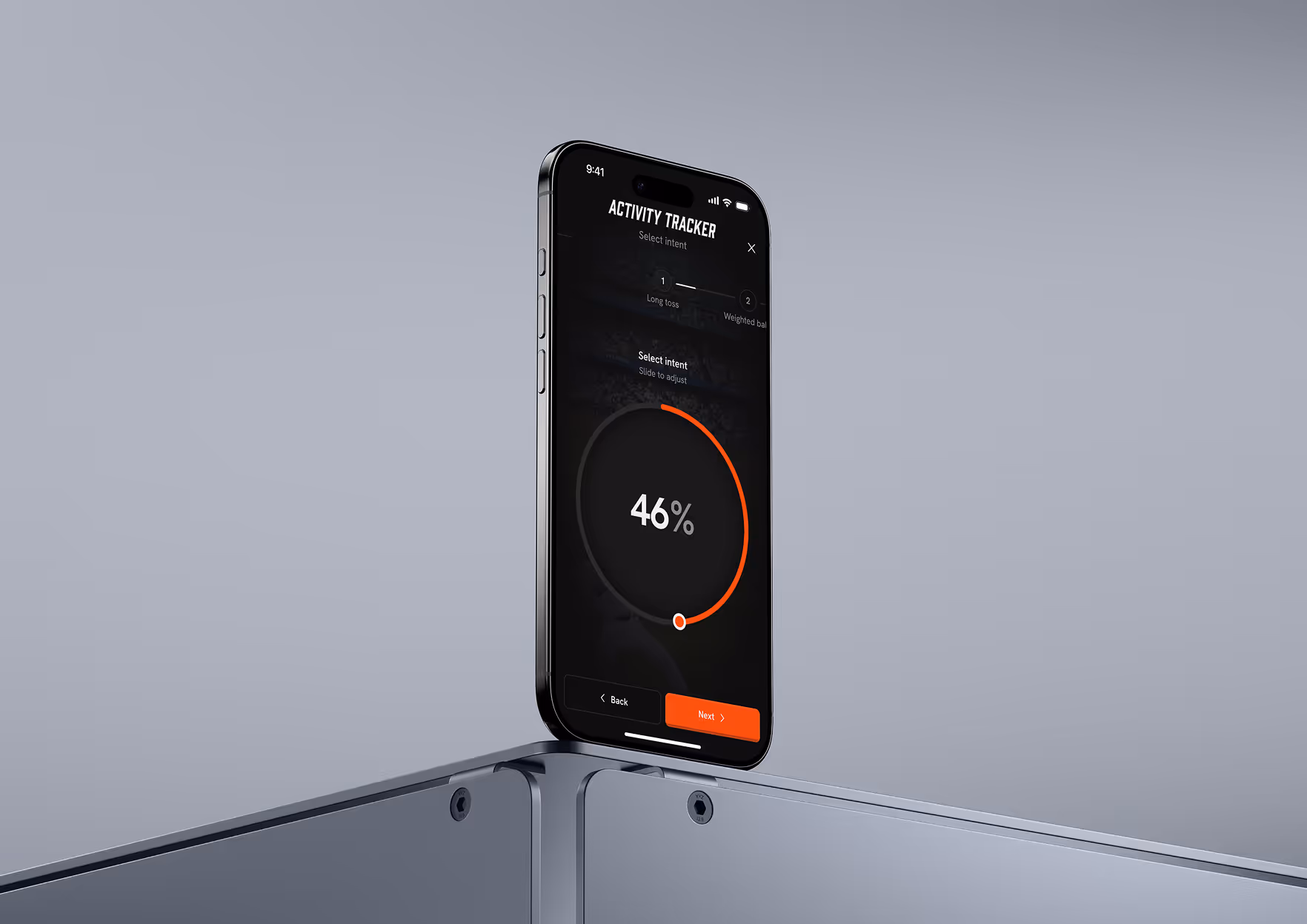 Smartphone displaying an activity tracker app with a 46% progress dial and navigation buttons.